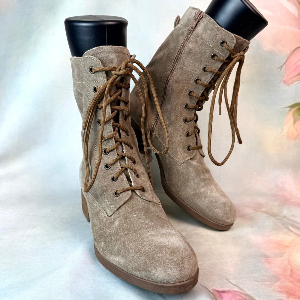 Celtic & Co Block Heel Sand Derby Lace Up Suede Leather Boots